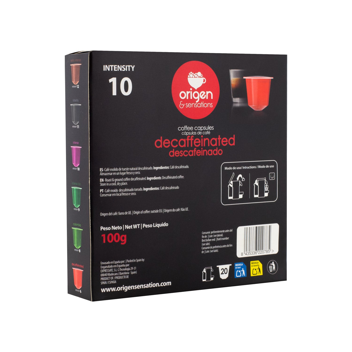 Cápsulas Nespresso®* Origen & Sensations - Pura Aluminio - Descafeinado -  20 unidades